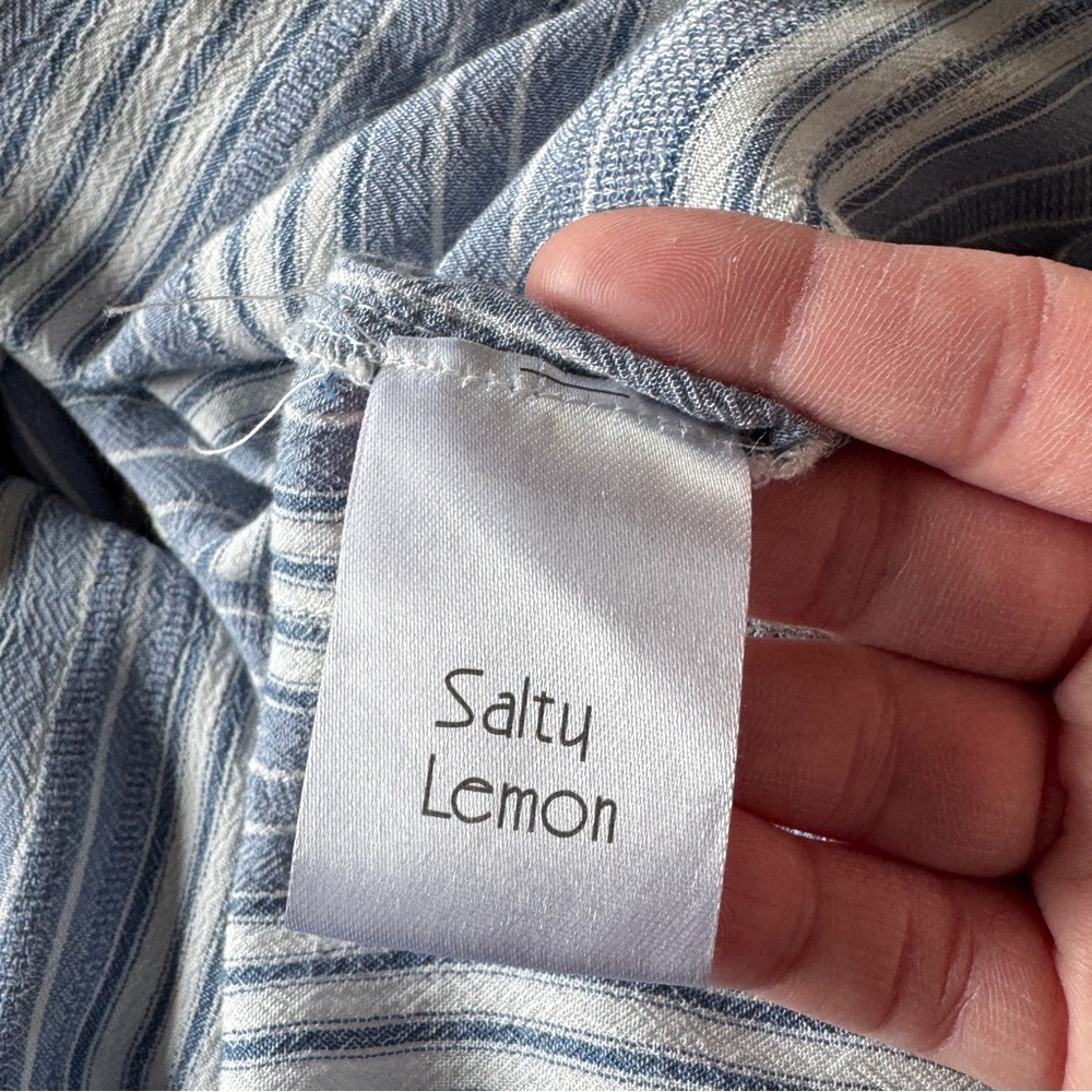 Salty Lemon Blue White Striped Maxi Dress Tie Front Beach Boho Size L - Picture 12 of 16